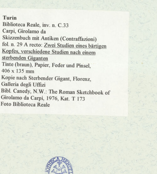 Rückseite von Biblioteca Reale [https://www.deutsche-digitale-bibliothek.de/content/lizenzen/rv-ez/] Skizzenbuch mit Antiken (Contraffazioni)Zwei Studien eines bärtigen Kopfes, verschiedene Studien nach einem sterbenden Giganten - , bh466613_recto. Foto.