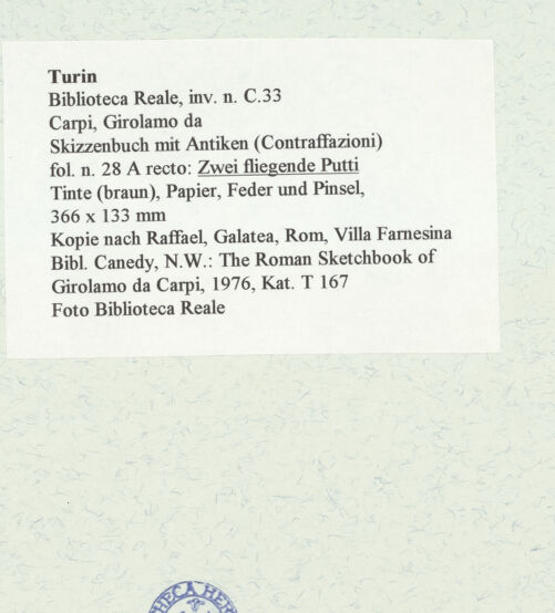 Rückseite von Biblioteca Reale [https://www.deutsche-digitale-bibliothek.de/content/lizenzen/rv-ez/] Skizzenbuch mit Antiken (Contraffazioni)Zwei fliegende Putti - , bh466616_recto. Foto.