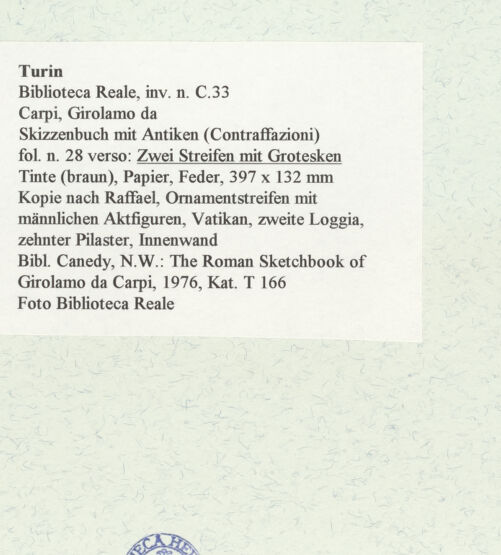 Rückseite von Biblioteca Reale [https://www.deutsche-digitale-bibliothek.de/content/lizenzen/rv-ez/] Skizzenbuch mit Antiken (Contraffazioni)Zwei Streifen mit Grotesken - , bh466617_recto. Foto.