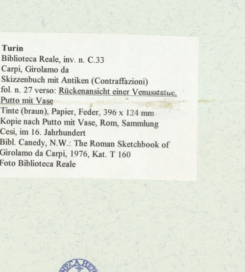 Rückseite von Biblioteca Reale [https://www.deutsche-digitale-bibliothek.de/content/lizenzen/rv-ez/] Skizzenbuch mit Antiken (Contraffazioni)Rückenansicht einer Venusstatue, Putto mit Vase - , bh466628_recto. Foto.