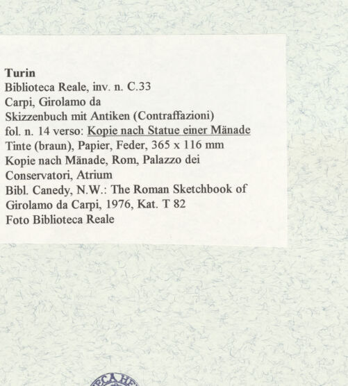 Rückseite von Biblioteca Reale [https://www.deutsche-digitale-bibliothek.de/content/lizenzen/rv-ez/] Skizzenbuch mit Antiken (Contraffazioni)Kopie nach Statue einer Mänade - , bh466652_recto. Foto.