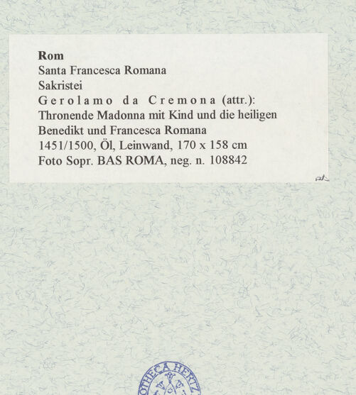 Rückseite von Sopr. BAS ROMA [https://www.deutsche-digitale-bibliothek.de/content/lizenzen/rv-ez/] Thronende Madonna mit Kind und die heiligen Benedikt und Francesca Romana - , bh466717_recto. Foto.