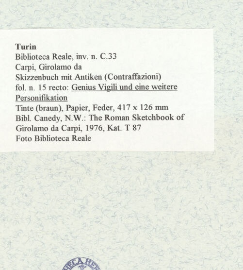 Rückseite von Biblioteca Reale [https://www.deutsche-digitale-bibliothek.de/content/lizenzen/rv-ez/] Skizzenbuch mit Antiken (Contraffazioni)Genius Vigili und eine weitere Personifikation - , bh466838_recto. Foto.