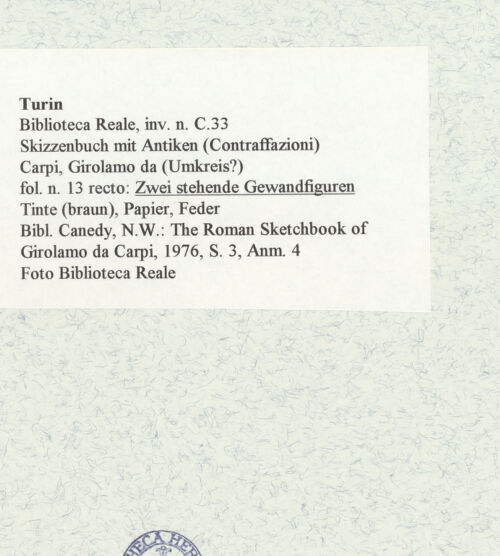 Rückseite von Biblioteca Reale [https://www.deutsche-digitale-bibliothek.de/content/lizenzen/rv-ez/] Skizzenbuch mit Antiken (Contraffazioni)Zwei stehende Gewandfiguren - , bh466841_recto. Foto.