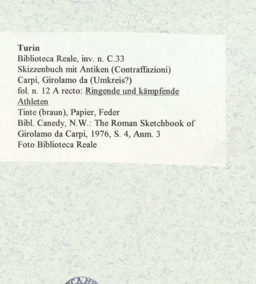 Rückseite von Biblioteca Reale [https://www.deutsche-digitale-bibliothek.de/content/lizenzen/rv-ez/] Skizzenbuch mit Antiken (Contraffazioni)Ringende und kämpfende Athleten - , bh466848_recto. Foto.