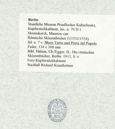 Rückseite von Kupferstichkabinett Berlin SMB-PK [https://www.deutsche-digitale-bibliothek.de/content/lizenzen/rv-ez/] Heemskerck-Album IAnsicht des Muro Torto und der Porta del Popolo - , bh466922_recto. Foto.