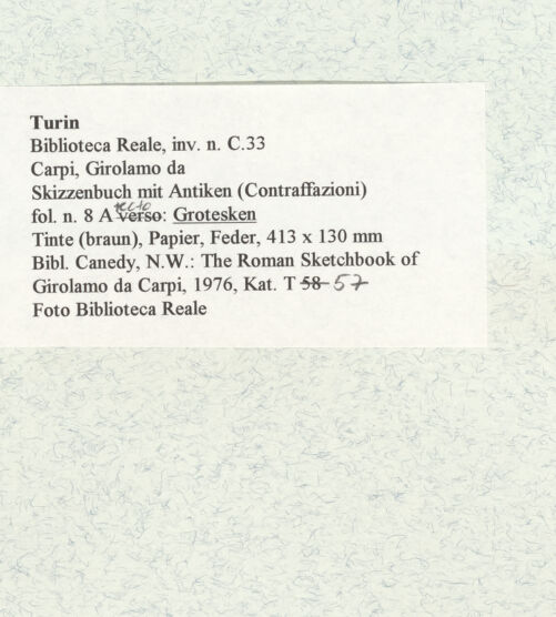 Rückseite von Biblioteca Reale [https://www.deutsche-digitale-bibliothek.de/content/lizenzen/rv-ez/] Skizzenbuch mit Antiken (Contraffazioni)Grotesken - , bh467085_recto. Foto.