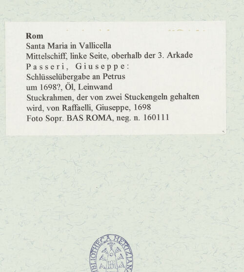 Rückseite von Sopr. BAS ROMA [https://www.deutsche-digitale-bibliothek.de/content/lizenzen/rv-ez/] Bildzyklus zur Erlösung der MenschheitChristus übergibt Petrus die Schlüssel des Himmelreiches - , bh467152_recto. Foto.