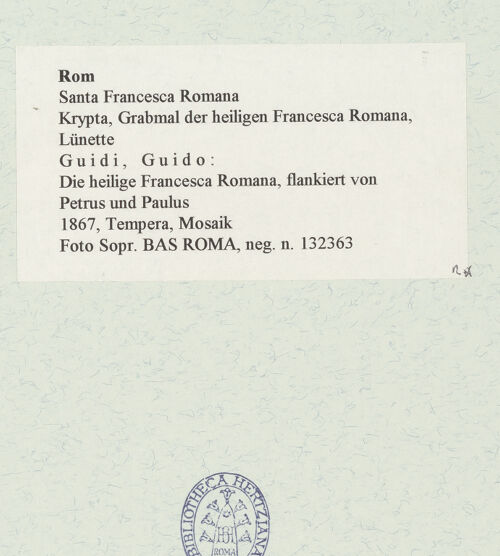 Rückseite von Sopr. BAS ROMA [https://www.deutsche-digitale-bibliothek.de/content/lizenzen/rv-ez/] Die heilige Francesca Romana, flankiert von Petrus und Paulus - , bh467231_recto. Foto.