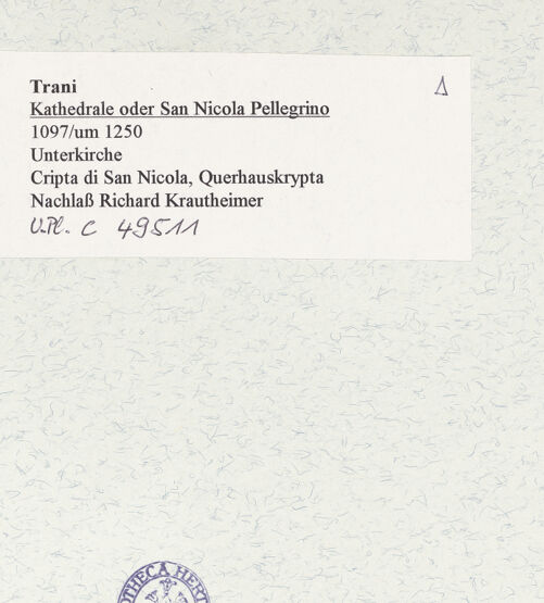 Rückseite von Bibliotheca Hertziana [https://www.deutsche-digitale-bibliothek.de/content/lizenzen/rv-fz/] CattedraleUnterkircheCripta di San Nicola - Blick auf die Südapsis von Nordwesten (vor der Restaurierung), bh468517_recto. Foto.