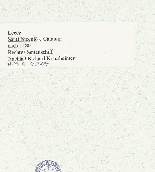 Rückseite von Bibliotheca Hertziana [https://www.deutsche-digitale-bibliothek.de/content/lizenzen/rv-fz/] Santi Niccolò e CataldoNordseitenschiff - Ostjoch des Nordseitenschiff von Südwesten (vor der Restaurierung), bh468523_recto. Foto: Krautheimer, Richard.