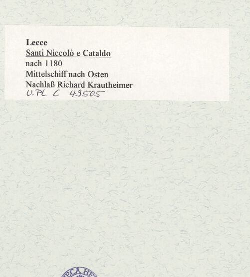 Rückseite von Bibliotheca Hertziana [https://www.deutsche-digitale-bibliothek.de/content/lizenzen/rv-fz/] Santi Niccolò e CataldoPresbyterium und Apsiden - Presbyterium von Westen (vor der Restaurierung), bh468524_recto. Foto: Krautheimer, Richard.