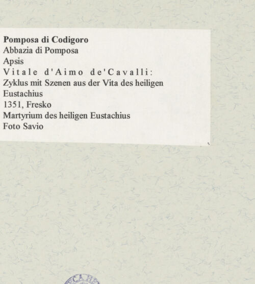 Rückseite von Bibliotheca Hertziana [https://www.deutsche-digitale-bibliothek.de/content/lizenzen/rv-fz/] Zyklus: Verkündigung, Majestas Domini, Heiligen, Evangelisten, Kirchenväter und Szenen aus dem Leben des heiligen EustachiusSzenen aus dem Leben des heiligen Eustachius (unteres Register)Der Heilige Eustachius und seine Familie im Gefängnis; Martyrium von Eustachius und seiner Familie (unteres Register, 6) - Detail, bh468613_recto. Foto: Savio, Oscar.