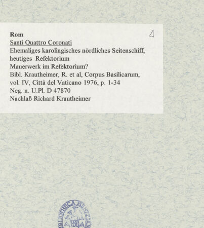 Rückseite von Bibliotheca Hertziana [https://www.deutsche-digitale-bibliothek.de/content/lizenzen/rv-fz/] Santi Quattro CoronatiInneres - Mauerwerk im Refektorium?, bh469004_recto. Foto.