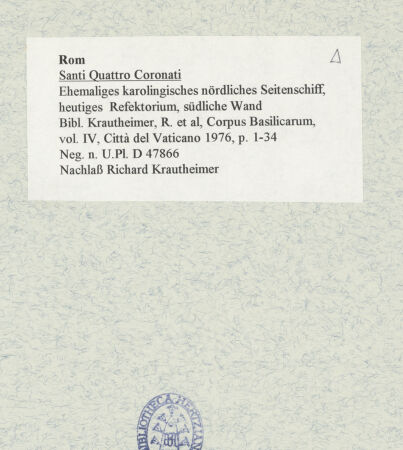 Rückseite von Bibliotheca Hertziana [https://www.deutsche-digitale-bibliothek.de/content/lizenzen/rv-fz/] Santi Quattro CoronatiInneres - südliche Wand, bh469017_recto. Foto.