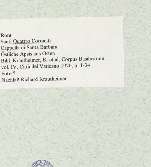 Rückseite von unbekannt [https://www.deutsche-digitale-bibliothek.de/content/lizenzen/rv-fz/] Santi Quattro CoronatiInneresCappella di Santa Barbara - Östliche Apsis aus Osten, bh469024_recto. Foto.