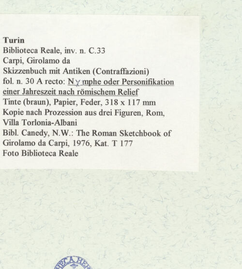 Rückseite von Biblioteca Reale [https://www.deutsche-digitale-bibliothek.de/content/lizenzen/rv-ez/] Skizzenbuch mit Antiken (Contraffazioni)Nymphe oder Personifikation einer Jahreszeit nach römischem Relief - , bh469038_recto. Foto.