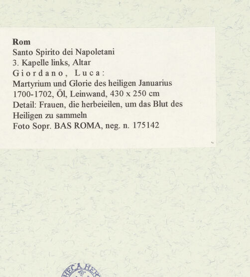 Rückseite von Sopr. BAS ROMA [https://www.deutsche-digitale-bibliothek.de/content/lizenzen/rv-ez/] Martyrium und Glorie des heiligen Januarius - Detail: Frauen, die herbeieilen, um das Blut des Heiligen zu sammeln, bh469914_recto. Foto.