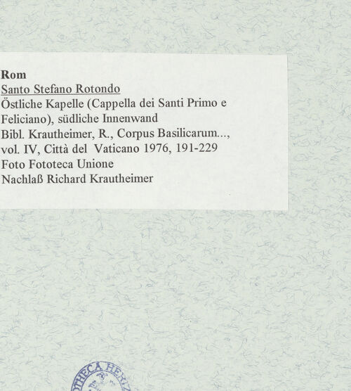 Rückseite von Fototeca dell'Unione Internazionale presso l'American Academy in Rome [https://www.deutsche-digitale-bibliothek.de/content/lizenzen/rv-ez/] Santo Stefano RotondoKapelle der Heiligen Primus und Felicianus - Östliche Kapelle (Cappella dei Santi Primo e Feliciano), südliche Innenwand, bh470315_recto. Foto.