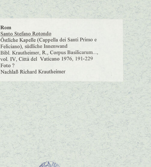 Rückseite von unbekannt [https://www.deutsche-digitale-bibliothek.de/content/lizenzen/rv-fz/] Santo Stefano RotondoKapelle der Heiligen Primus und Felicianus - Östliche Kapelle (Cappella dei Santi Primo e Feliciano), südliche Innenwand, bh470321_recto. Foto.