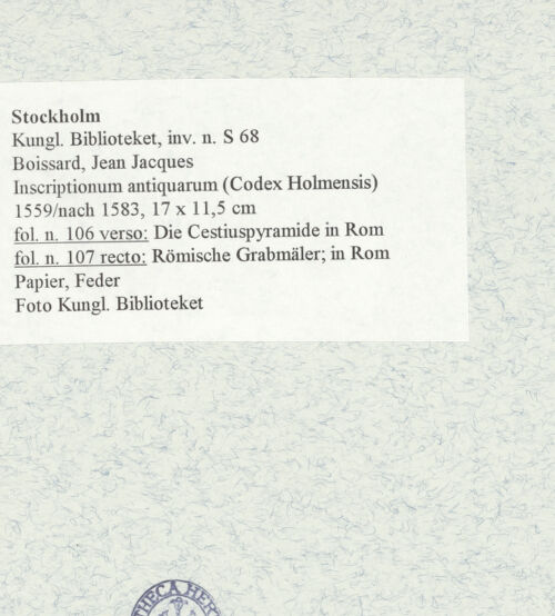 Rückseite von Kungliga Biblioteket [https://www.deutsche-digitale-bibliothek.de/content/lizenzen/rv-ez/] Inscriptionum antiquarum (Codex Holmiensis)Römische Grabmäler; in Rom - , bh470829_recto. Foto.