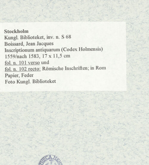 Rückseite von Kungliga Biblioteket [https://www.deutsche-digitale-bibliothek.de/content/lizenzen/rv-ez/] Inscriptionum antiquarum (Codex Holmiensis)Römische Inschriften; in Rom - , bh470835_recto. Foto.