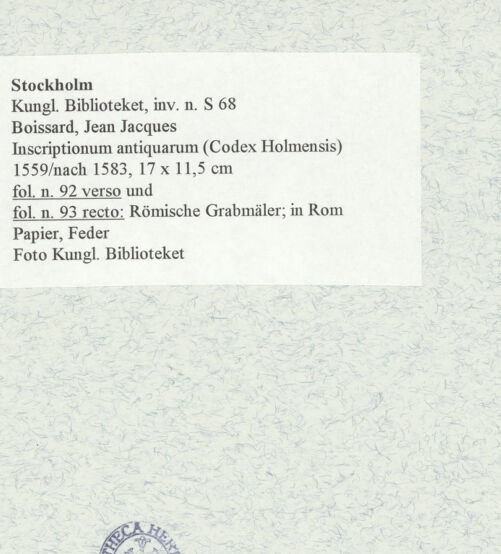 Rückseite von Kungliga Biblioteket [https://www.deutsche-digitale-bibliothek.de/content/lizenzen/rv-ez/] Inscriptionum antiquarum (Codex Holmiensis)Römisches Grabmal; in Rom - , bh470836_recto. Foto.