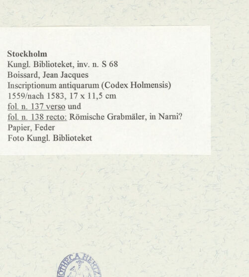 Rückseite von Kungliga Biblioteket [https://www.deutsche-digitale-bibliothek.de/content/lizenzen/rv-ez/] Inscriptionum antiquarum (Codex Holmiensis)Römisches Grabmal eines Ehepaares, in Narni - , bh471380_recto. Foto.