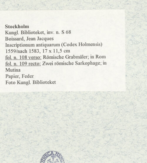 Rückseite von Kungliga Biblioteket [https://www.deutsche-digitale-bibliothek.de/content/lizenzen/rv-ez/] Inscriptionum antiquarum (Codex Holmiensis)Römische Grabmäler; in Rom - , bh471402_recto. Foto.