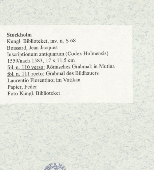 Rückseite von Kungliga Biblioteket [https://www.deutsche-digitale-bibliothek.de/content/lizenzen/rv-ez/] Inscriptionum antiquarum (Codex Holmiensis)Römisches Grabmal; in Mutina - , bh471404_recto. Foto.