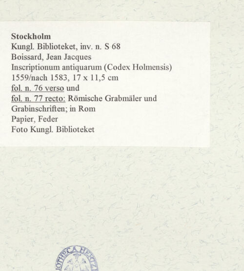 Rückseite von Kungliga Biblioteket [https://www.deutsche-digitale-bibliothek.de/content/lizenzen/rv-ez/] Inscriptionum antiquarum (Codex Holmiensis)Römische Grabmäler; in Rom - , bh471406_recto. Foto.