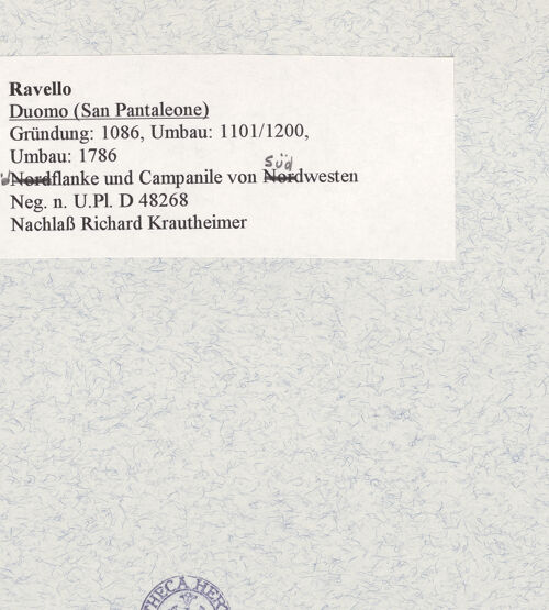 Rückseite von Bibliotheca Hertziana [https://www.deutsche-digitale-bibliothek.de/content/lizenzen/rv-fz/] DuomoSüdfassade - Südflanke und Campanile von Südwesten, bh471672_recto. Foto.