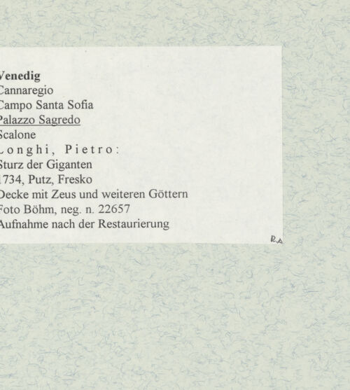 Rückseite von Böhm [https://www.deutsche-digitale-bibliothek.de/content/lizenzen/rv-ez/] Sturz der GigantenZeus auf dem Adler umgeben von Göttern und Amoretten - Decke mit Zeus und weiteren Göttern, bh472268_recto. Foto.