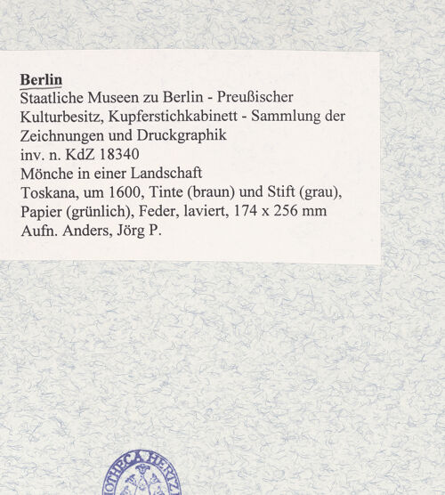 Rückseite von Kupferstichkabinett [https://www.deutsche-digitale-bibliothek.de/content/lizenzen/rv-ez/] Mönche in einer Landschaft - , bh473361_recto. Foto: Anders, Jörg P..