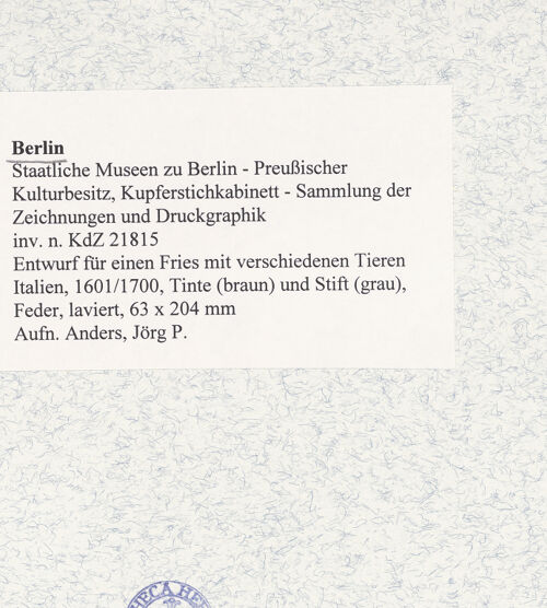 Rückseite von Kupferstichkabinett [https://www.deutsche-digitale-bibliothek.de/content/lizenzen/rv-ez/] Entwurf für einen Fries mit verschiedenen Tieren - , bh473362_recto. Foto: Anders, Jörg P..