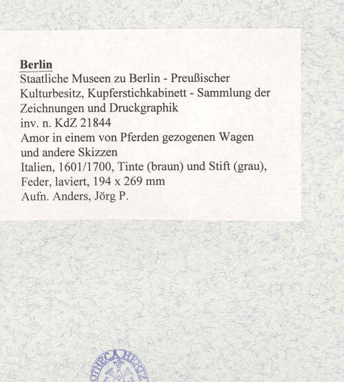 Rückseite von Kupferstichkabinett [https://www.deutsche-digitale-bibliothek.de/content/lizenzen/rv-ez/] Amor in einem von Pferden gezogenen Wagen und andere Skizzen - , bh473364_recto. Foto: Anders, Jörg P..