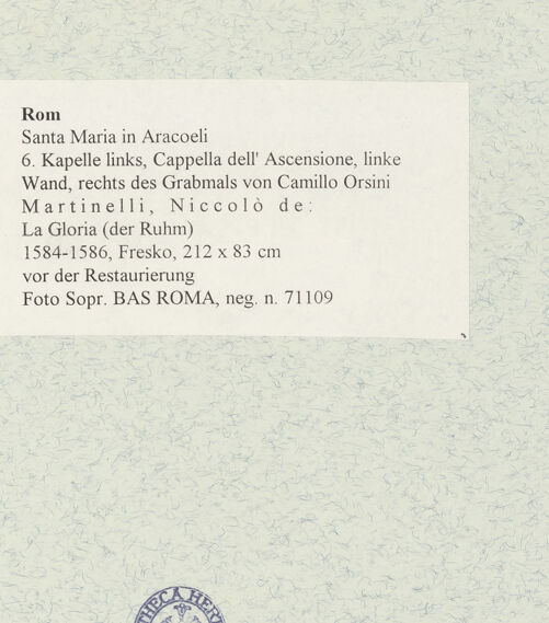 Rückseite von Sopr. BAS ROMA [https://www.deutsche-digitale-bibliothek.de/content/lizenzen/rv-ez/] La Gloria (der Ruhm) - vor der Restaurierung, bh473464_recto. Foto.