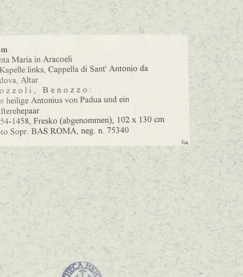 Rückseite von Sopr. BAS ROMA [https://www.deutsche-digitale-bibliothek.de/content/lizenzen/rv-ez/] Der heilige Antonius von Padua und ein Stifterehepaar - , bh473489_recto. Foto.