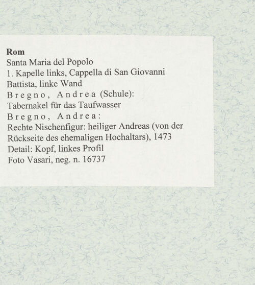 Rückseite von Vasari [https://rightsstatements.org/page/CNE/1.0/] TabernakelpendantsTabernakel für das TaufwasserRechte Nischenfigur: heiliger Andreas (von der Rückseite des ehemaligen Hochaltars) - Detail: Kopf,linkes Profil, bh474111_recto. Foto.