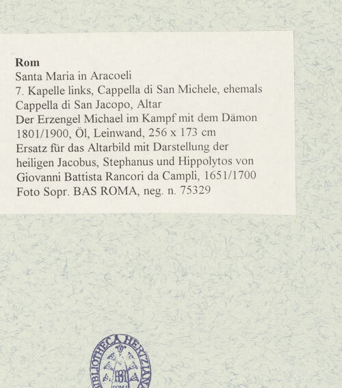 Rückseite von Sopr. BAS ROMA [https://www.deutsche-digitale-bibliothek.de/content/lizenzen/rv-ez/] Der Erzengel Michael im Kampf mit dem Dämon - Gesamtansicht leicht angeschnitten, bh474300_recto. Foto.