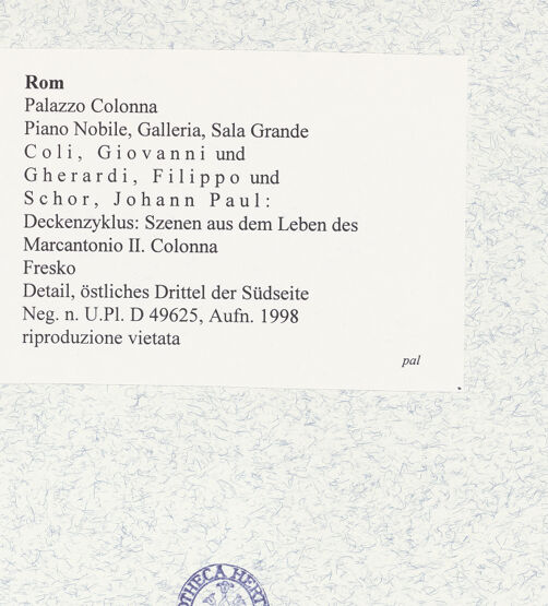 Rückseite von Bibliotheca Hertziana [https://www.deutsche-digitale-bibliothek.de/content/lizenzen/rv-fz/] Deckengemälde: Szenen aus dem Leben des Marcantonio II. Colonna - Detail, östliches Drittel der Südseite, bh474402_recto. Foto.