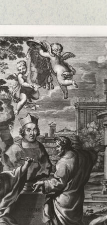 Rückseite von Istituto Nazionale per la Grafica [http://creativecommons.org/publicdomain/mark/1.0/] Allegorie auf dem Ruhm eines Kardinals (der Sieg des Christentums über das Heidentum): Minerva, die die Statue des Kardinals anfertigt, ein Gelehrter, der auf einen Tempel weist, und ein Flussgott - , bh475134. Foto.
