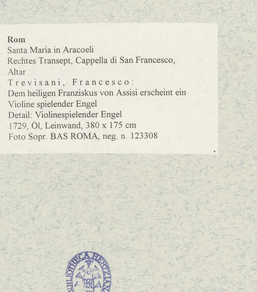 Rückseite von Sopr. BAS ROMA [https://www.deutsche-digitale-bibliothek.de/content/lizenzen/rv-ez/] Dem heiligen Franziskus von Assisi erscheint ein Violine spielender Engel - Detail: Violinespielender Engel, bh475375_recto. Foto.