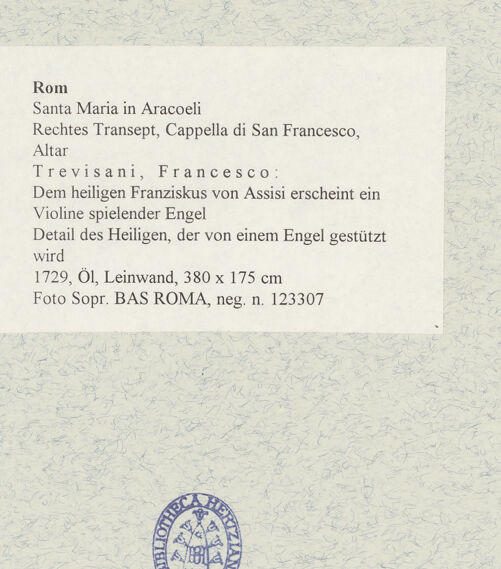 Rückseite von Sopr. BAS ROMA [https://www.deutsche-digitale-bibliothek.de/content/lizenzen/rv-ez/] Dem heiligen Franziskus von Assisi erscheint ein Violine spielender Engel - Detail des Heiligen, der von einem Engel gestützt wird, bh475376_recto. Foto.