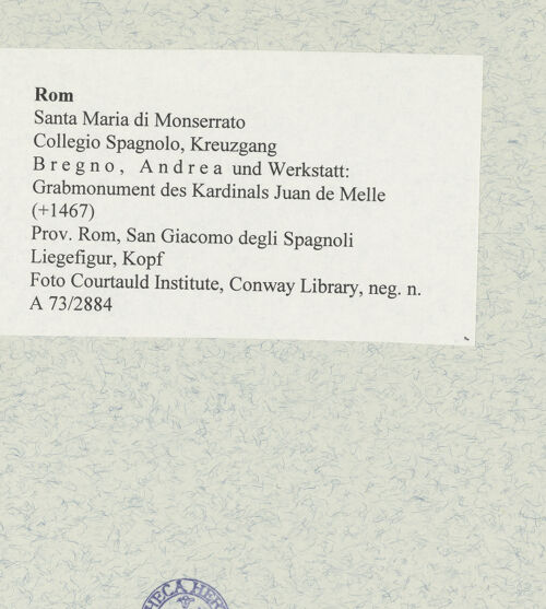Rückseite von Courtauld Institute, Conway Library [https://rightsstatements.org/page/CNE/1.0/] Grabmonument des Kardinals Juan de Melle (+1467)Sarkophag mit Liegefigur - Liegefigur, Kopf, bh475513_recto. Foto.