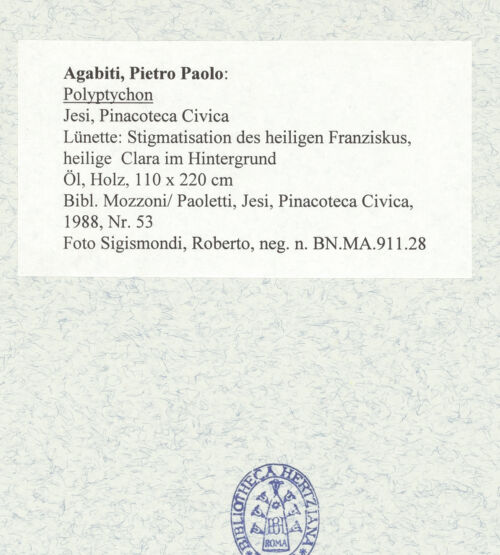 Rückseite von Sigismondi, Roberto [https://www.deutsche-digitale-bibliothek.de/content/lizenzen/rv-fz/] PolyptychonLünette: Stigmatisation des heiligen Franziskus, heilige Clara im Hintergrund - , bh477047_recto. Foto: Sigismondi, Roberto.