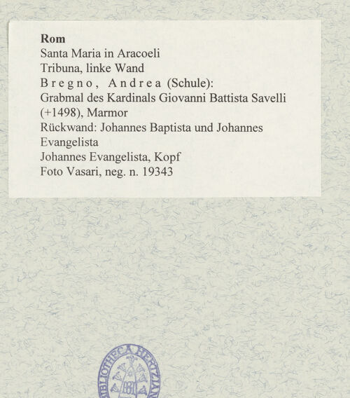 Rückseite von Vasari [https://www.deutsche-digitale-bibliothek.de/content/lizenzen/rv-ez/] Grabmal des Kardinals Giovanni Battista Savelli (+1498)Rückwand: Johannes Baptista und Johannes Evangelista - Johannes Evangelista, Kopf, bh477366_recto. Foto.