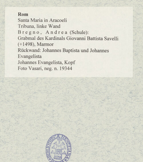 Rückseite von Vasari [https://www.deutsche-digitale-bibliothek.de/content/lizenzen/rv-ez/] Grabmal des Kardinals Giovanni Battista Savelli (+1498)Rückwand: Johannes Baptista und Johannes Evangelista - Johannes Evangelista, Kopf, bh477367_recto. Foto.