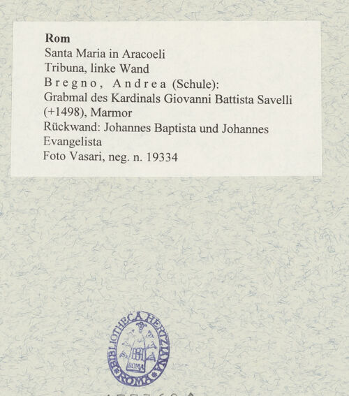 Rückseite von Vasari [https://www.deutsche-digitale-bibliothek.de/content/lizenzen/rv-ez/] Grabmal des Kardinals Giovanni Battista Savelli (+1498)Rückwand: Johannes Baptista und Johannes Evangelista - , bh477368_recto. Foto.