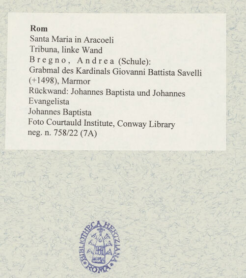 Rückseite von Courtauld Institute, Conway Library [https://www.deutsche-digitale-bibliothek.de/content/lizenzen/rv-ez/] Grabmal des Kardinals Giovanni Battista Savelli (+1498)Rückwand: Johannes Baptista und Johannes Evangelista - Johannes Baptista, bh477370_recto. Foto.